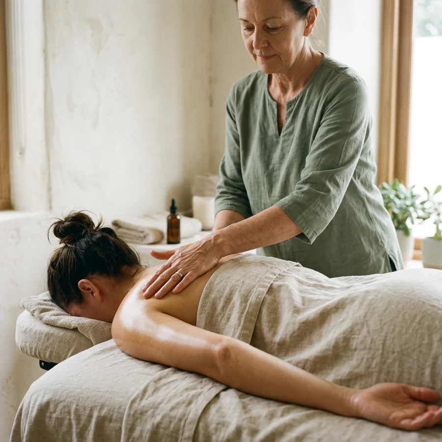 Therapist working along a client's back with long forearm strokes during a full body massage