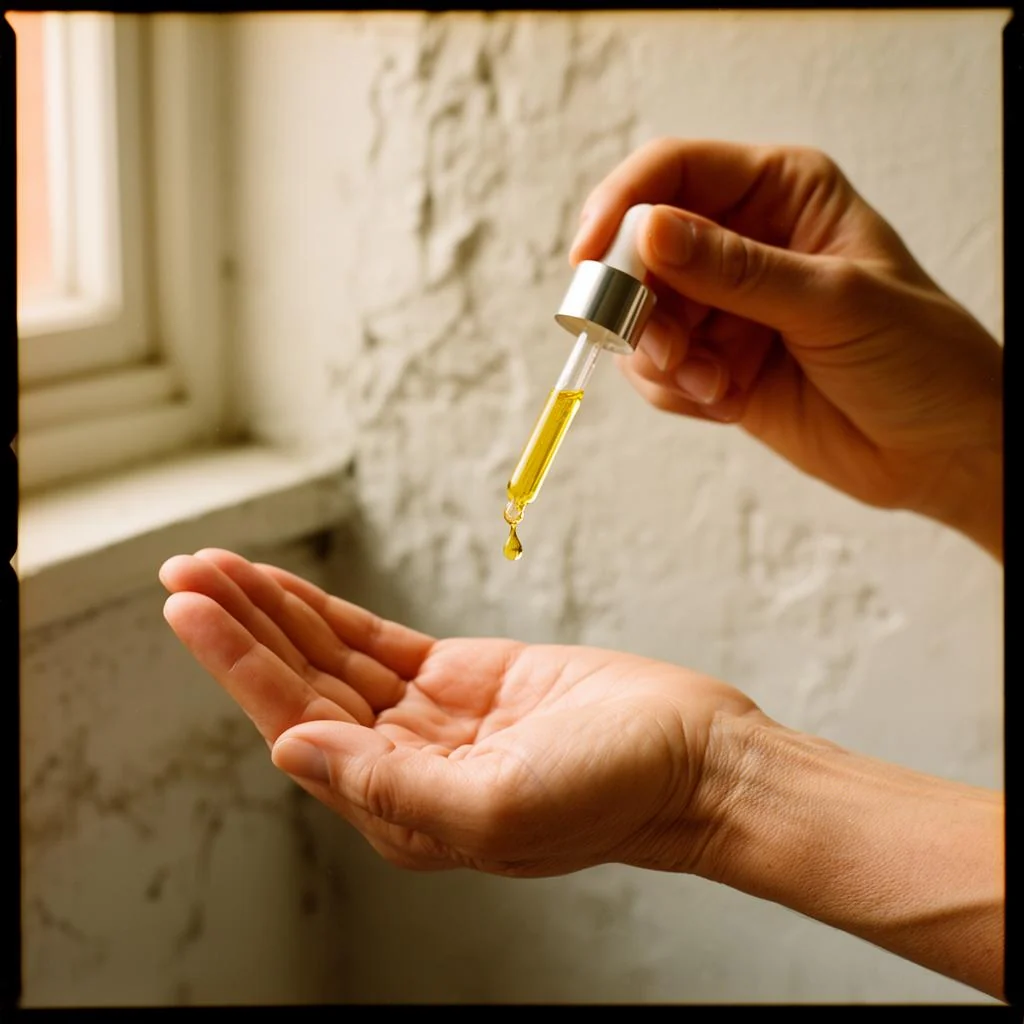A dropper releasing a drop of massage oil into an open palm