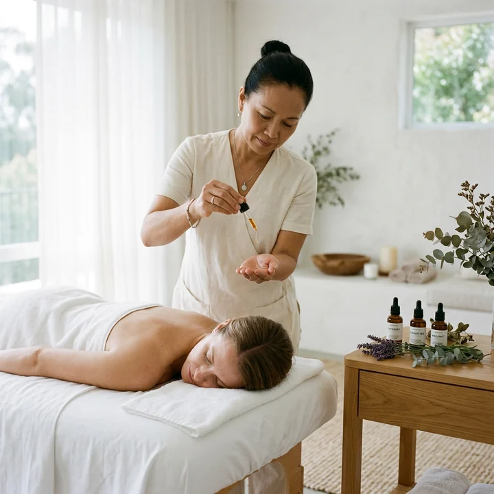 Therapist measuring massage oil from a dropper bottle beside a client resting on a treatment table