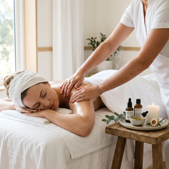 Therapist working across a client's upper back and shoulders, with oil bottles and a lit candle on a stool alongside