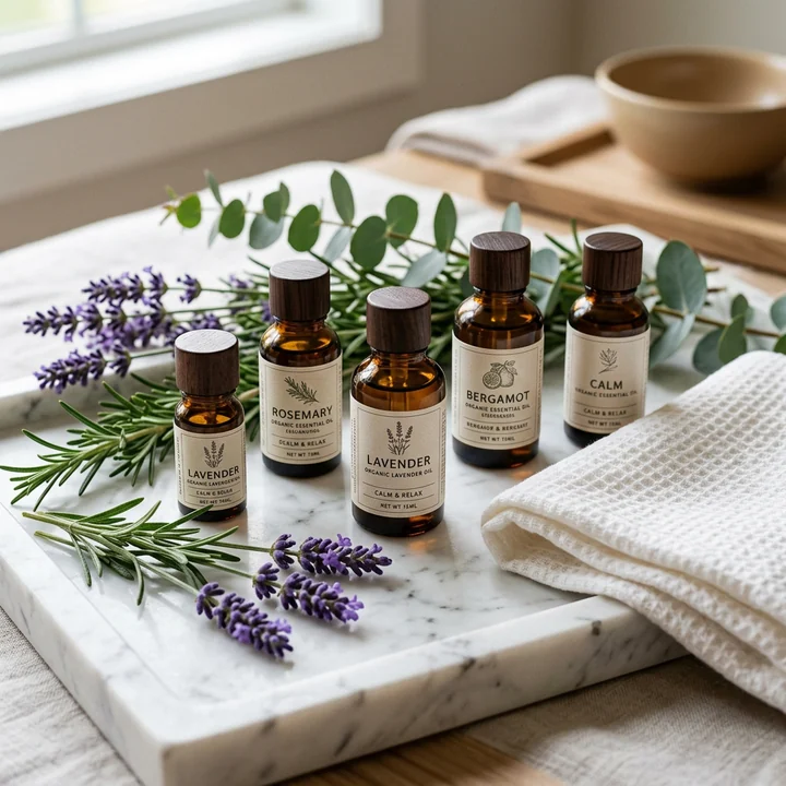 Small amber oil bottles on a marble board with sprigs of lavender, rosemary and eucalyptus