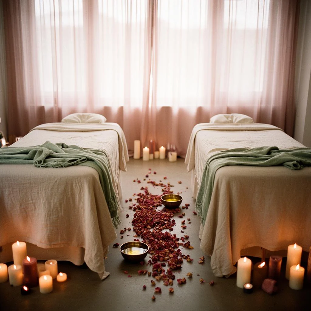 Two massage tables set side by side in a private room, made up with linen and lit by candles