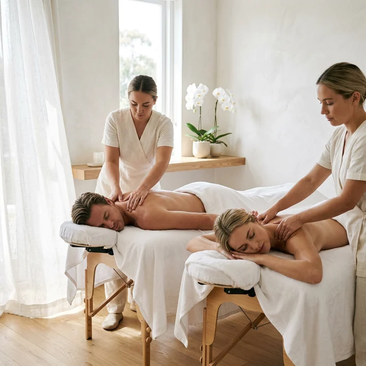 Therapist working along a client's shoulders during a side-by-side couples session