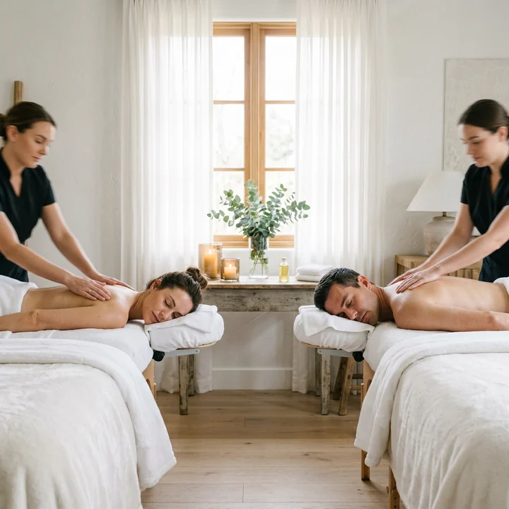 Two people on side-by-side tables in one room, each with their own therapist working the upper back