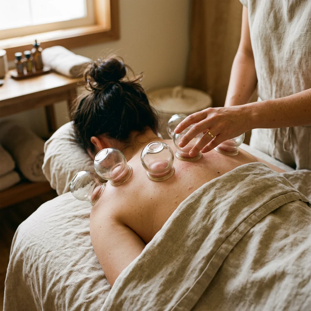 Row of glass cupping vessels drawing suction along a client's upper back during a cupping session