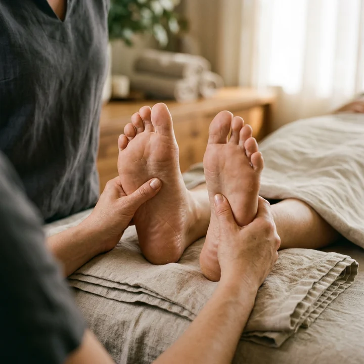 Therapist working both of a client's bare feet with thumb pressure at the end of the table