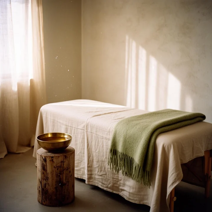 A quiet treatment room in low afternoon light, the table made up with a folded green throw across the end