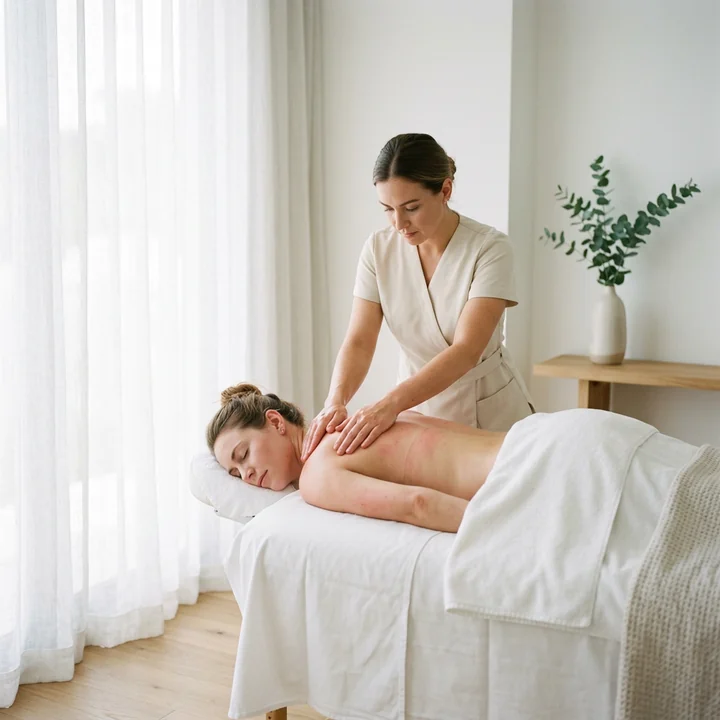 A therapist working with both hands along a draped client's upper back on a massage table beside a bright window