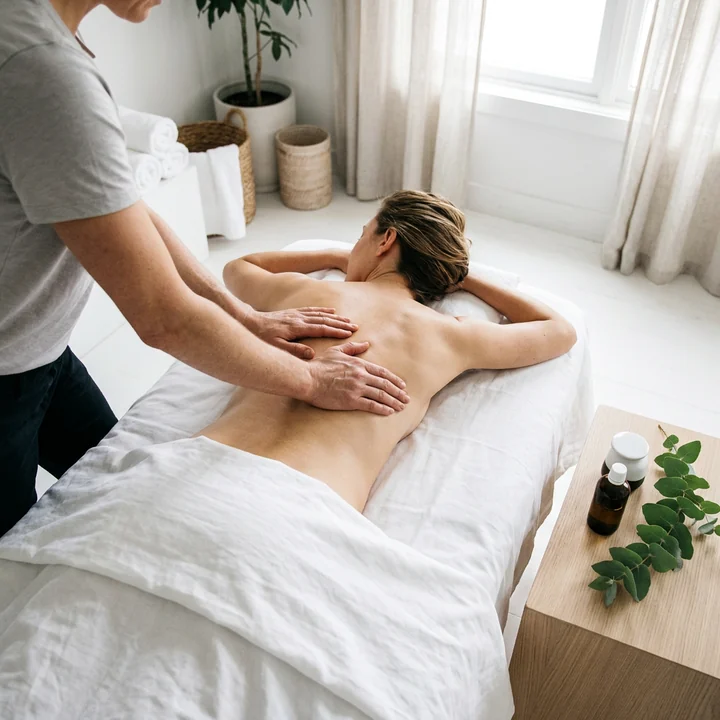 A draped client face down on a massage table while a therapist works the lower back