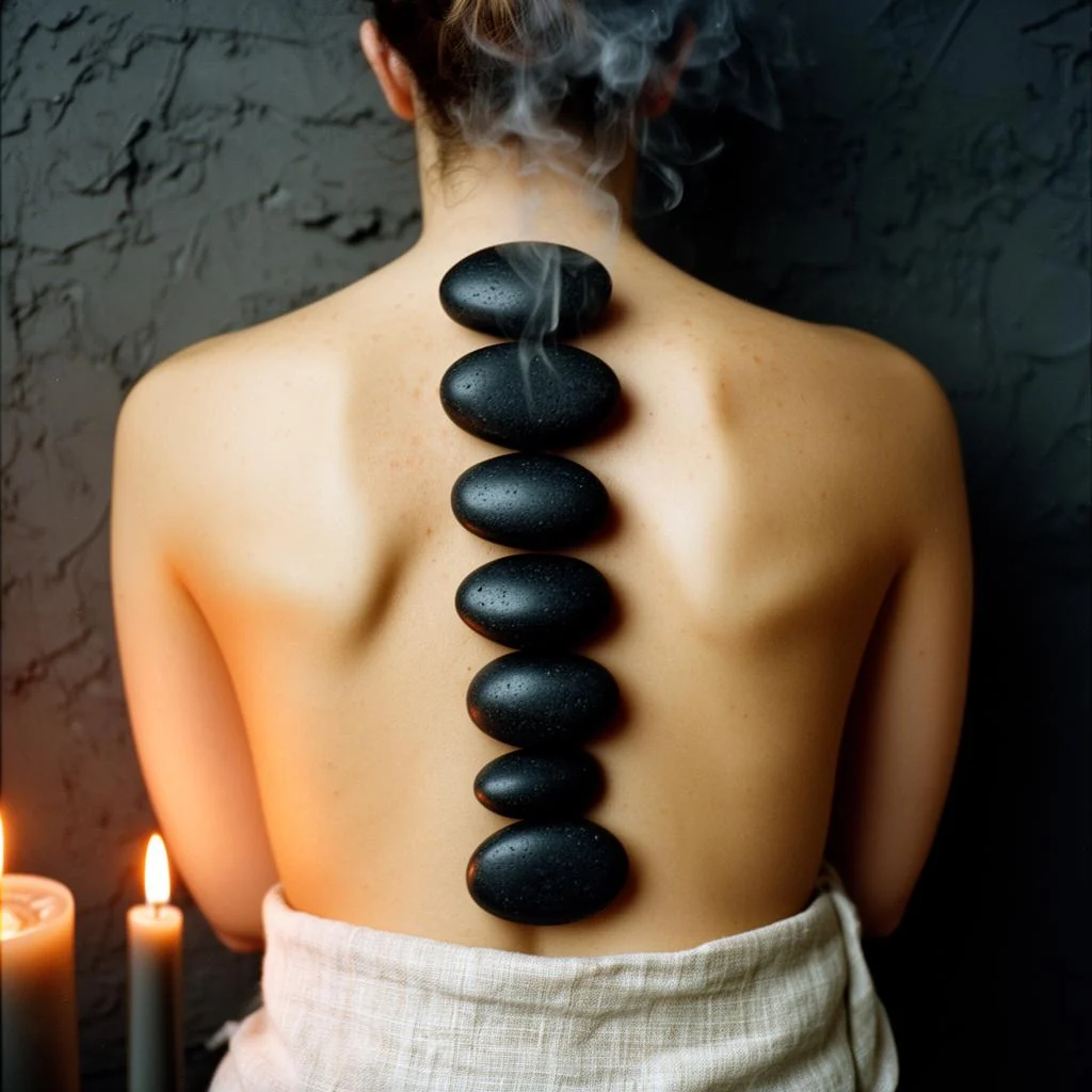 A row of smooth black basalt massage stones resting along a client's spine, with candlelight behind