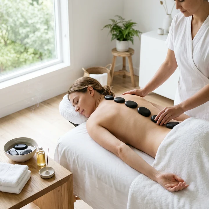 Therapist laying heated stones in a line along a draped client's back during a hot stone massage