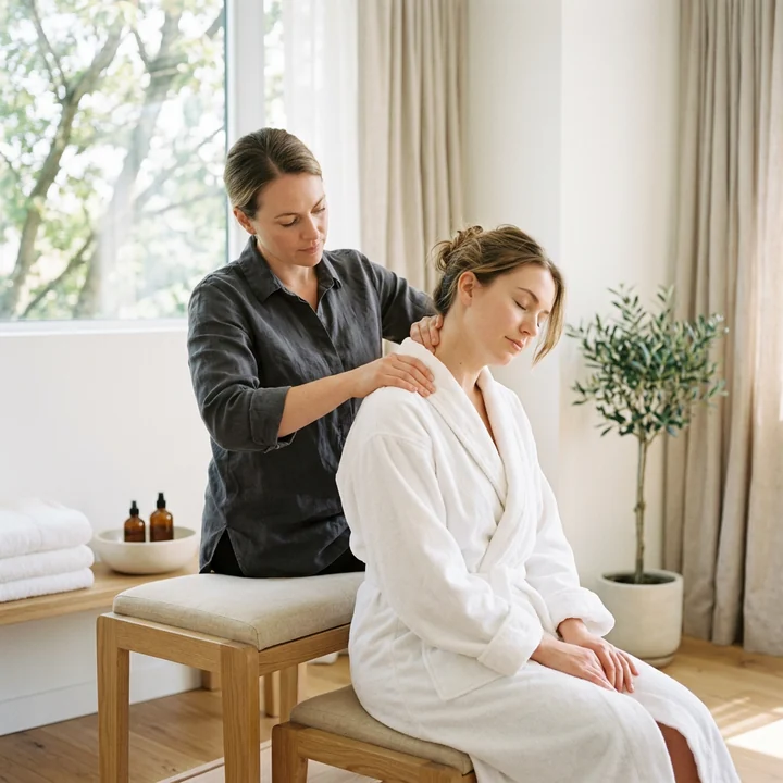 Therapist standing behind a seated client in a robe, working along the top of both shoulders