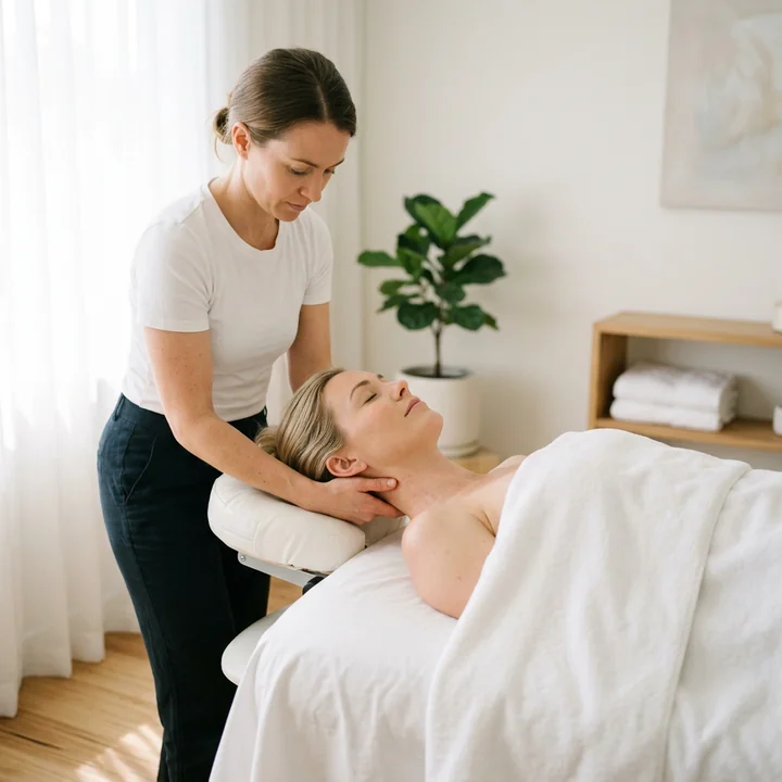Therapist standing at the head of the table, cradling and working the neck of a client lying face up