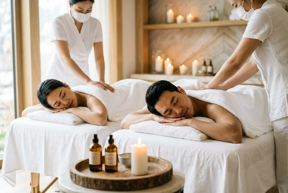 Two people receiving massages on side-by-side tables in a candlelit treatment room