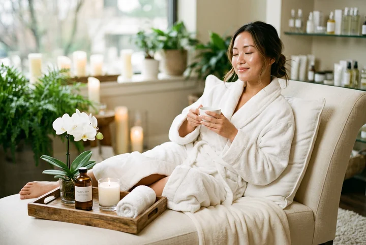 A person in a robe resting in a chair with a cup of tea after a treatment
