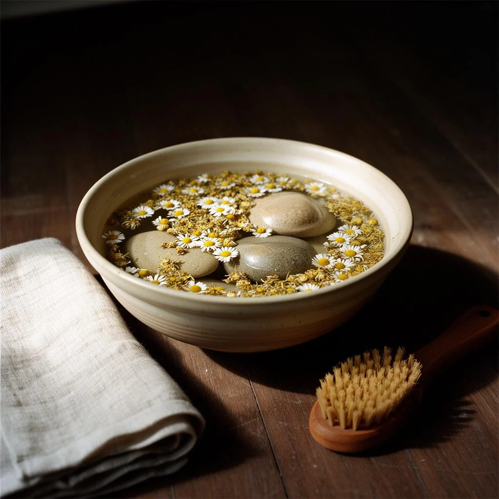 A bowl of water with chamomile flowers and smooth stones, beside a folded linen cloth and a bristle brush
