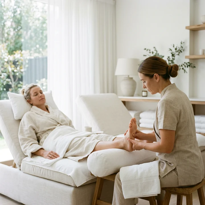 Therapist seated at a footrest working the sole of a client reclined in a chair in a robe