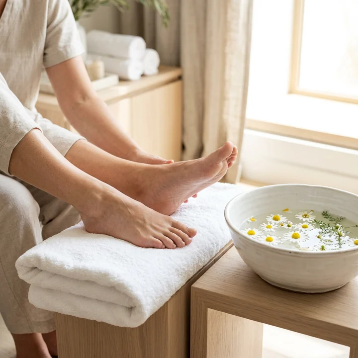 A pair of bare feet resting on folded white towels beside a bowl of water and chamomile flowers