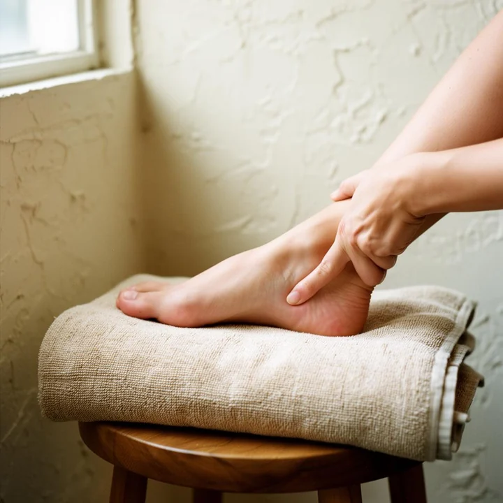 Close view of a hand working the heel and ankle of a foot propped on a rolled towel