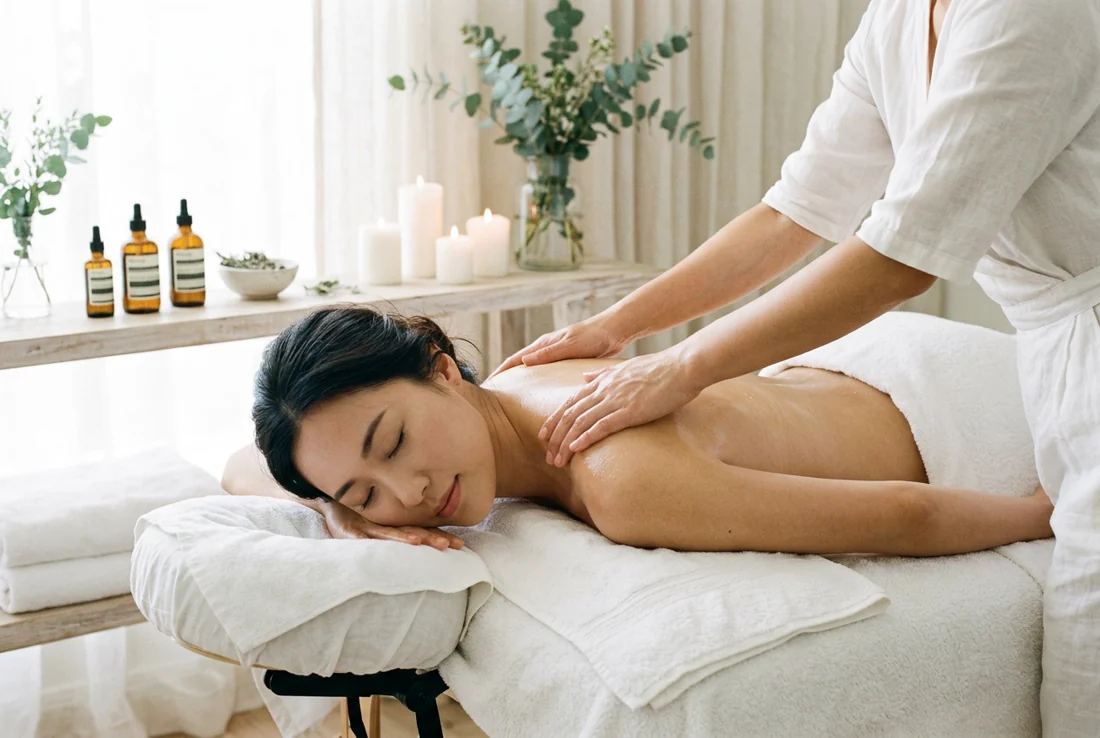 Therapist working with flat palms along a client's back during a full body massage