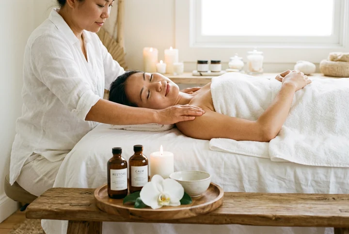 Therapist working a client's shoulder on a massage table, the client draped and lying face up