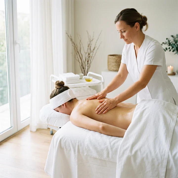 Therapist working along a client's back on a massage table in a bright, plain room