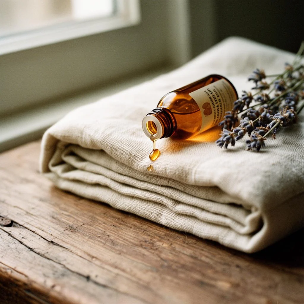 A bottle of massage oil resting on folded linen beside dried lavender on a wooden table