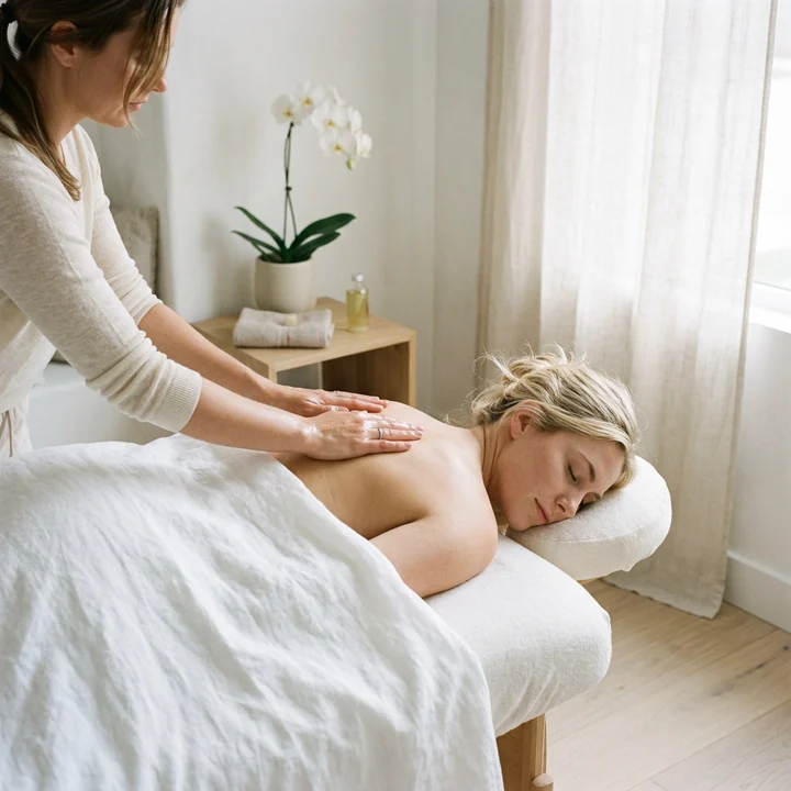 Therapist using long, flat-palmed gliding strokes along a client's back during a Swedish-style massage