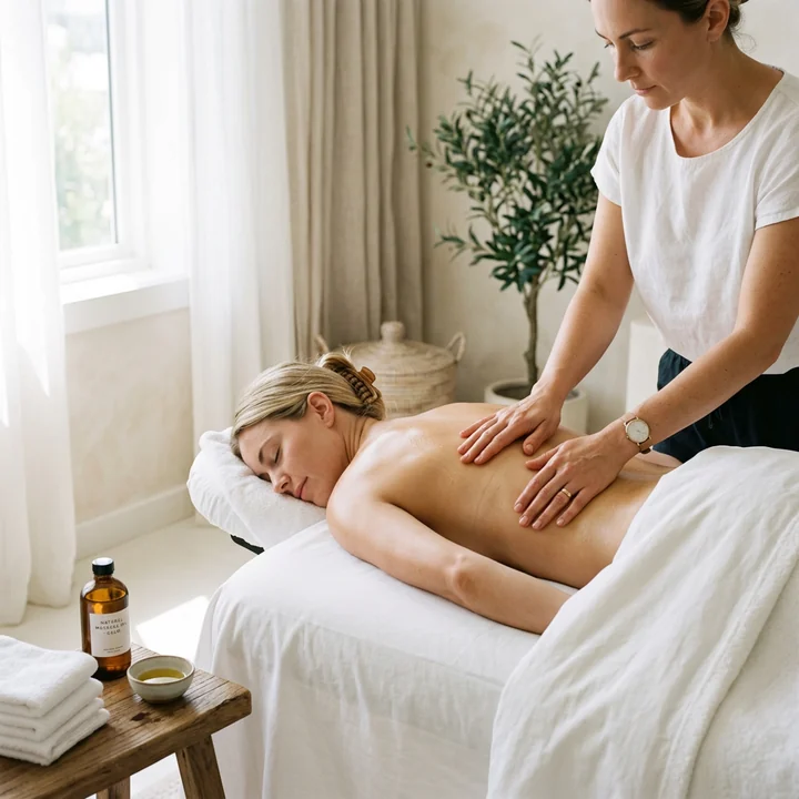 A therapist using flat palms along a draped client's back, with massage oil on a wooden bench nearby