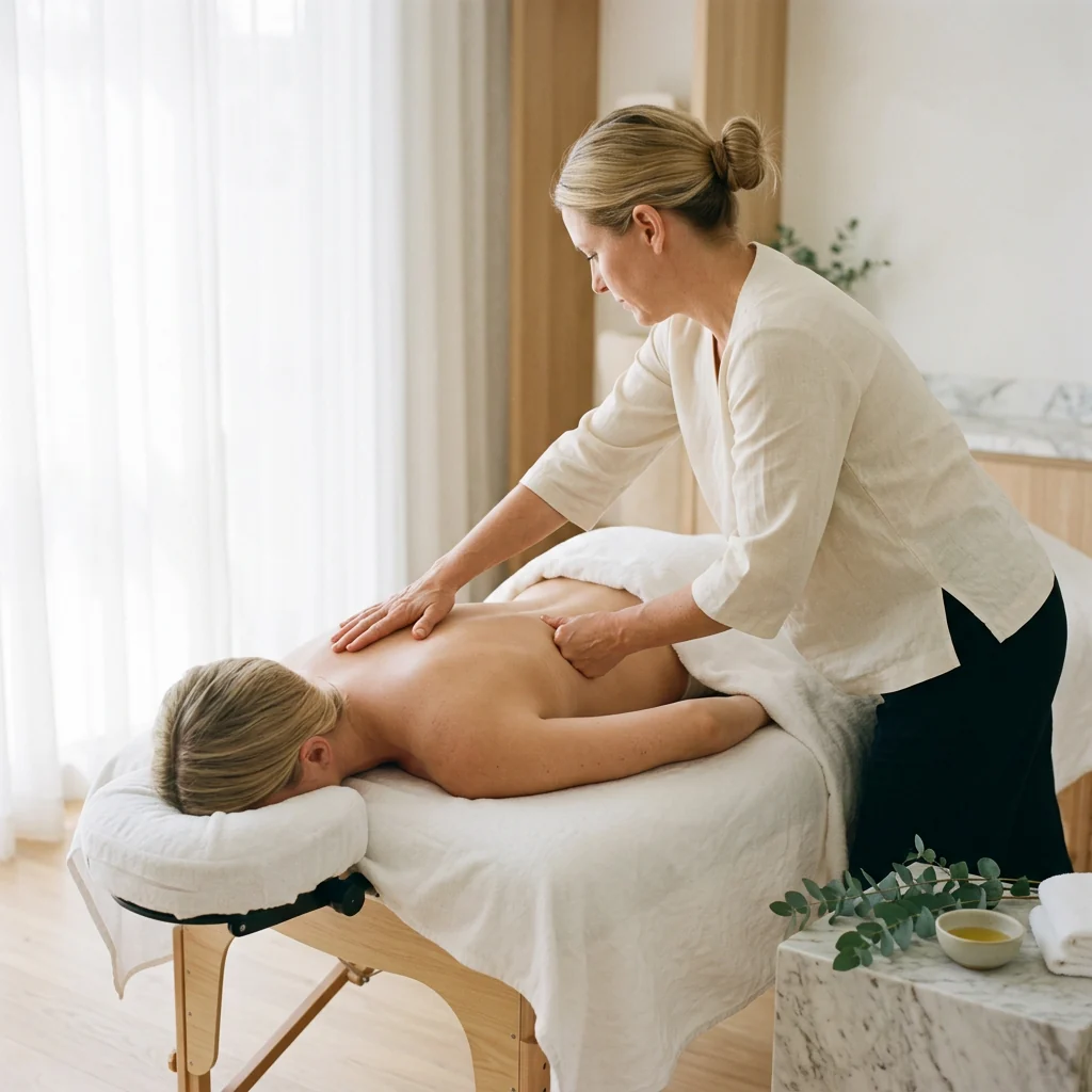 Therapist working along a client's back with both hands during a full body massage in a bright treatment room