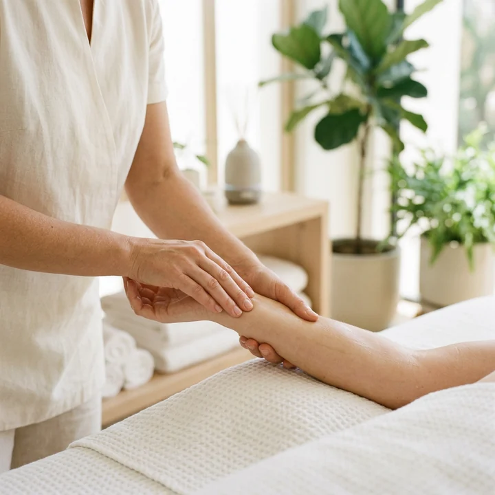 Close view of a therapist's hands working along a client's forearm and wrist during a massage